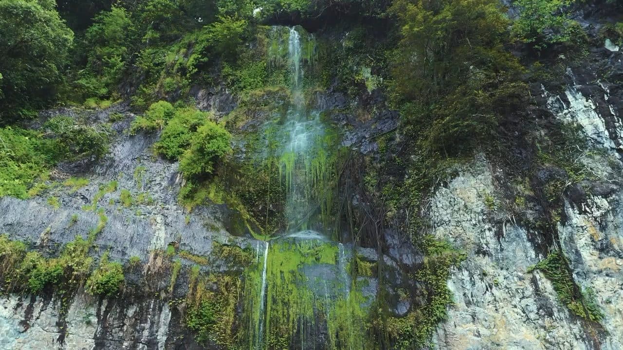 苔むした崖を流れ落ちるパーンチャカイの滝